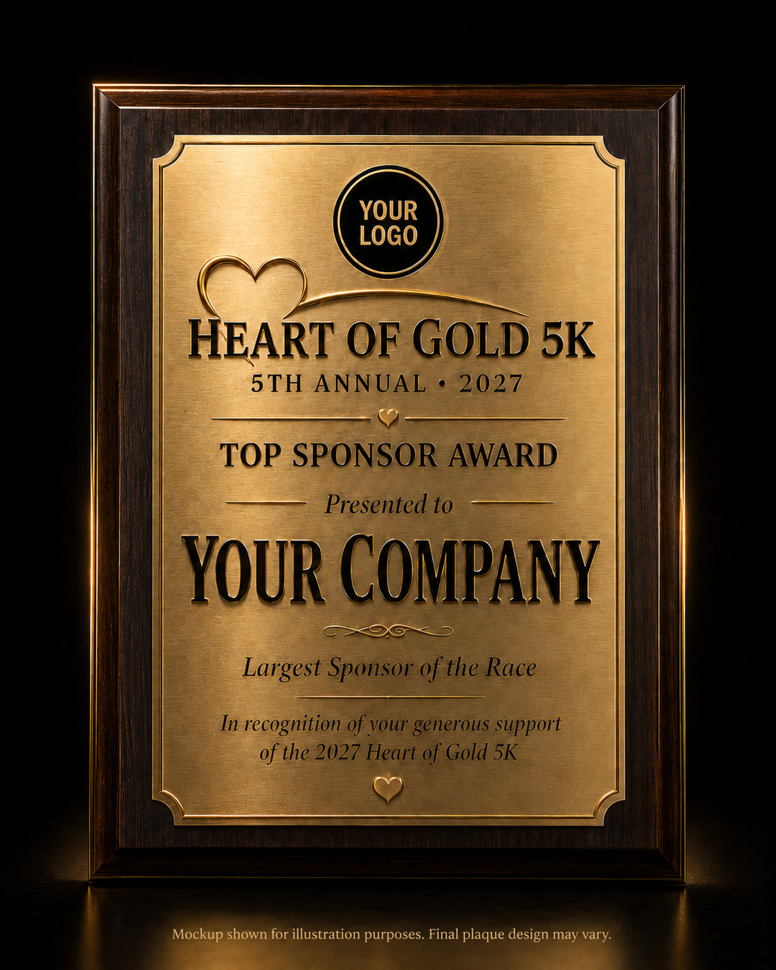 Mockup of the 2027 Heart of Gold 5K Top Sponsor Award plaque — dark wood frame with brushed-gold plate.